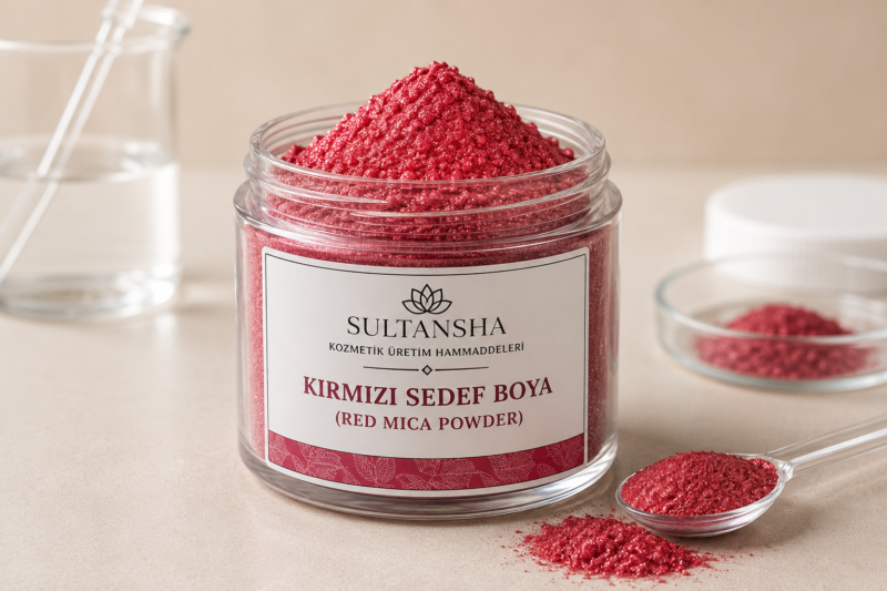 Kırmızı Sedef Boya (Red Mica Powder) kozmetik üretiminde kullanılan parlak kırmızı mika pigmenti.
