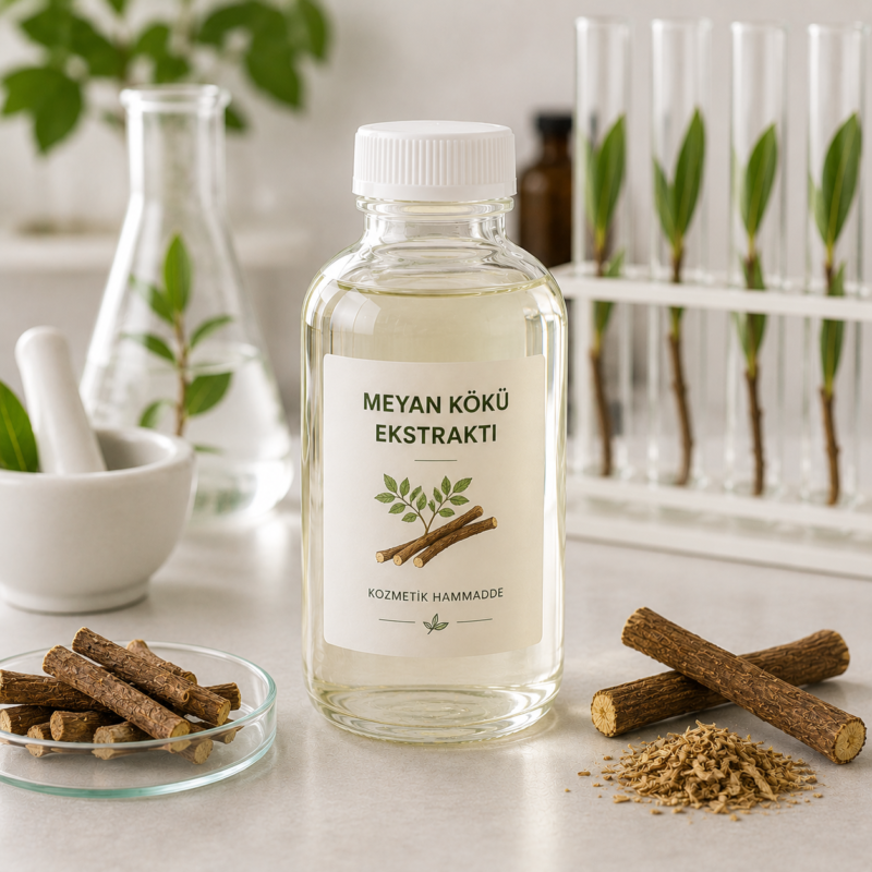 Meyan Kökü Ekstraktı (Glycyrrhiza Glabra Root Extract), kozmetik ve kişisel bakım ürünlerinde kullanılan bitkisel ekstraktır.