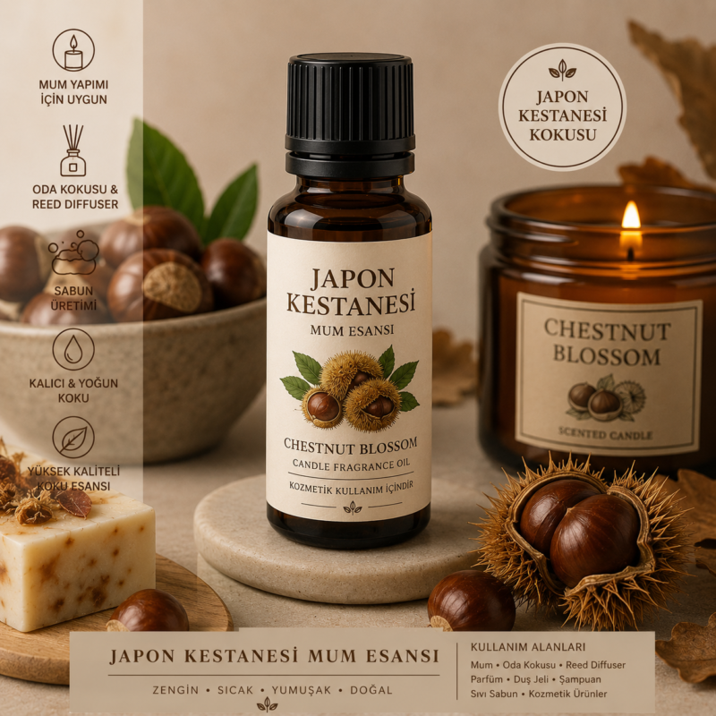 Japon Kestanesi Esansı (Japanese Chestnut Fragrance), mum, oda kokusu, reed diffuser, parfüm ve kozmetik ürünlerinde kullanılan premium esans.