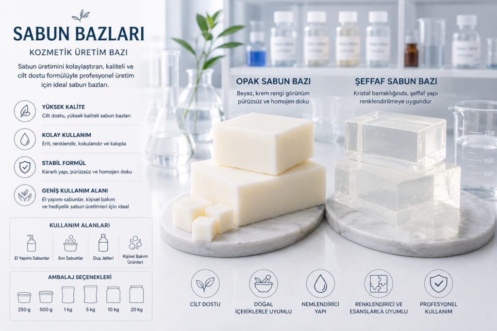 Opak ve Şeffaf Sabun Bazı, el yapımı sabun üretiminde kullanılan hazır kozmetik üretim bazları.