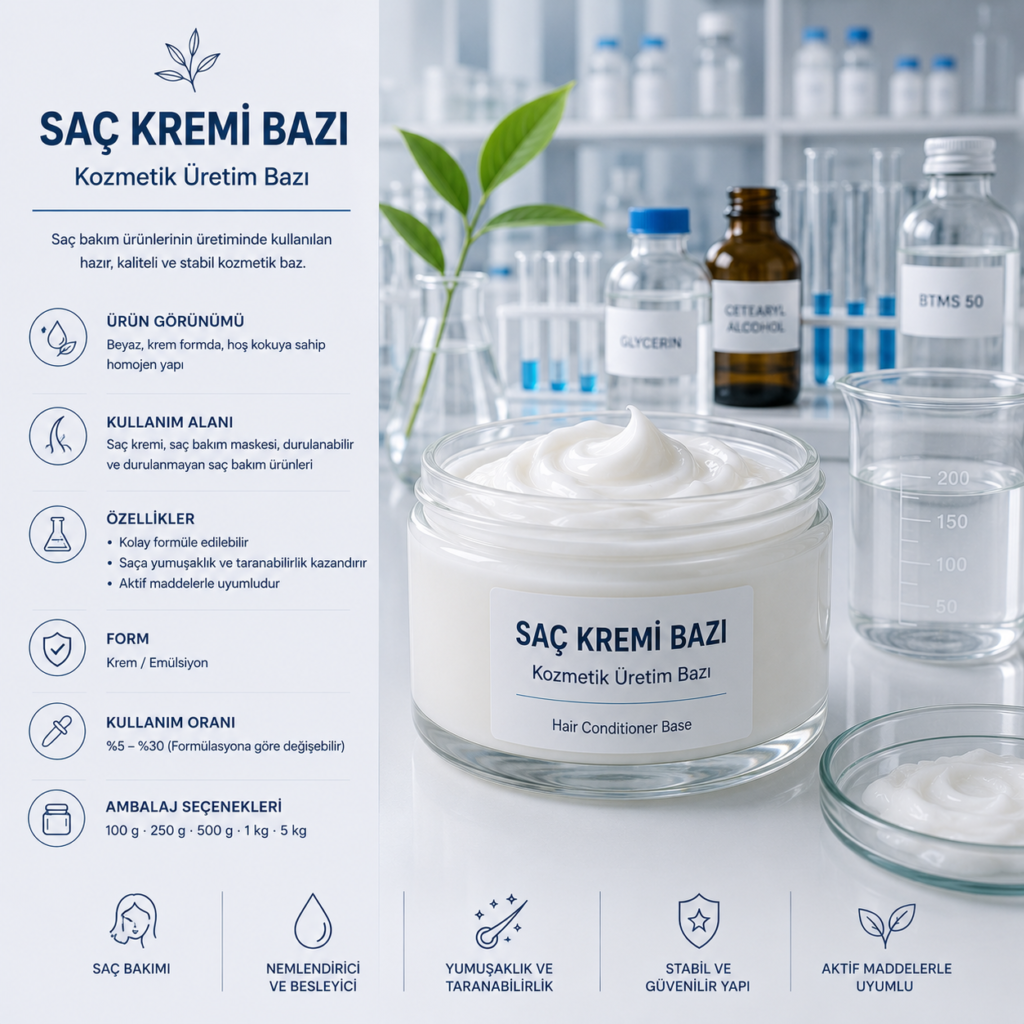 Saç Kremi Bazı, saç bakım ürünlerinin üretiminde kullanılan hazır kozmetik üretim bazıdır.
