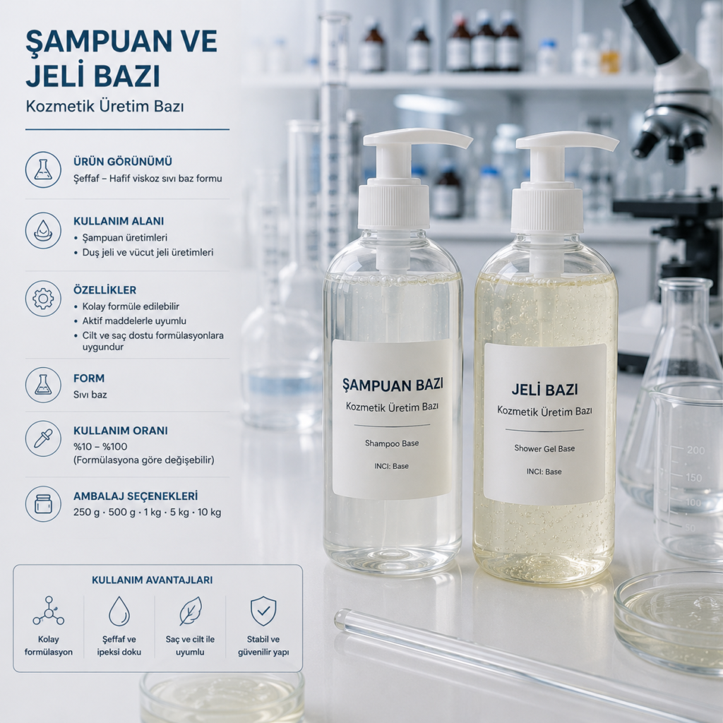 Sülfatsız Şampuan ve Duş Jeli Bazı, şampuan ve duş jeli üretiminde kullanılan hazır kozmetik üretim bazıdır.