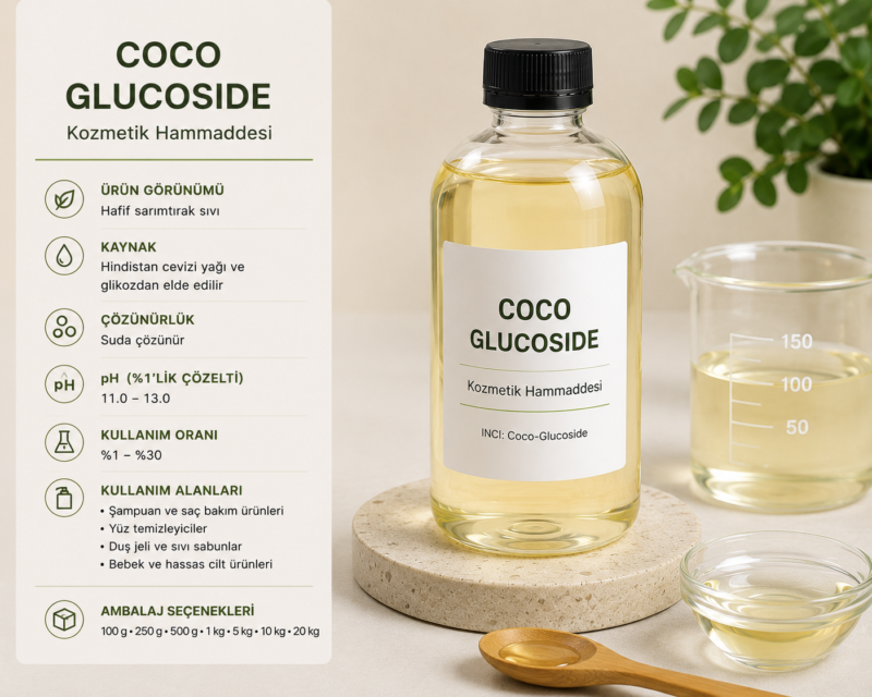 Coco Glucoside, şampuan, duş jeli ve yüz temizleme ürünlerinde kullanılan bitkisel kaynaklı yüzey aktif kozmetik hammaddesidir.