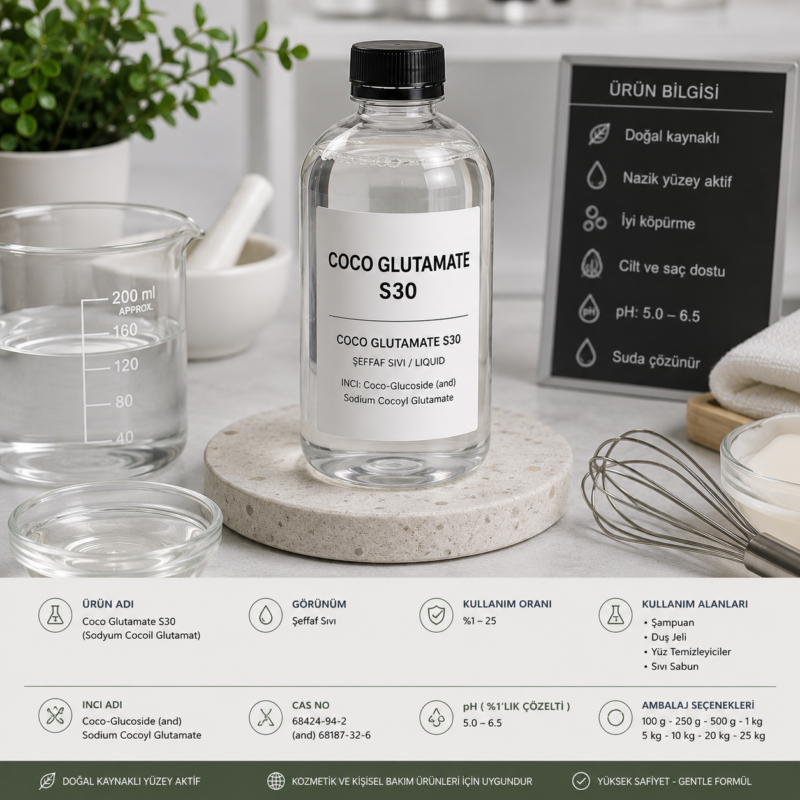 Coco Glutamate S30 (Sodium Cocoyl Glutamate), nazik temizleme sağlayan amino asit bazlı yüzey aktif kozmetik hammaddesidir.