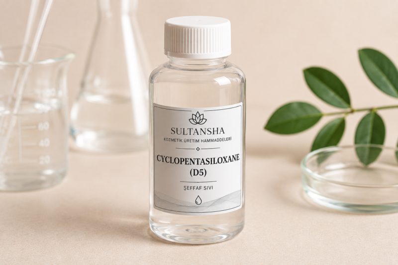 Cyclopentasiloxane (D5) uçucu silikon bazlı kozmetik hammaddesi.