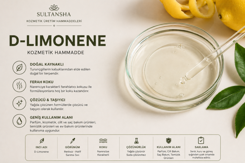 D-Limonene, kozmetik ve kişisel bakım ürünlerinde kullanılan doğal kaynaklı çözücü ve koku bileşeni.