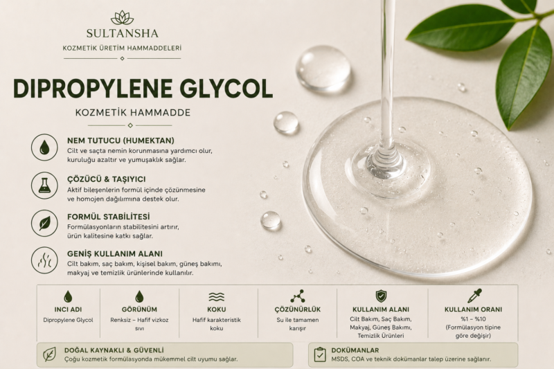 Dipropylene Glycol, kozmetik formülasyonlarında çözücü ve taşıyıcı olarak kullanılan profesyonel kozmetik hammaddesi.