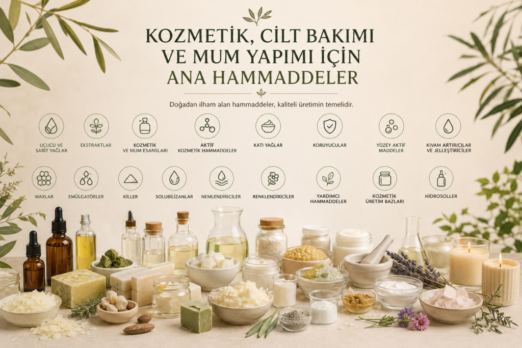 Kozmetik, cilt bakımı ve mum yapımı için kullanılan ana hammaddeler ve üretim bileşenleri.