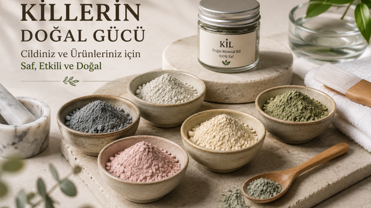 Kozmetik killer hakkında bilgi veren blog görseli. Kaolin Kil, Bentonit Kil, Rhassoul Kil, Yeşil Kil, Kırmızı Kil, Pembe Kil, Sarı Kil ve Siyah Mineral Kil.