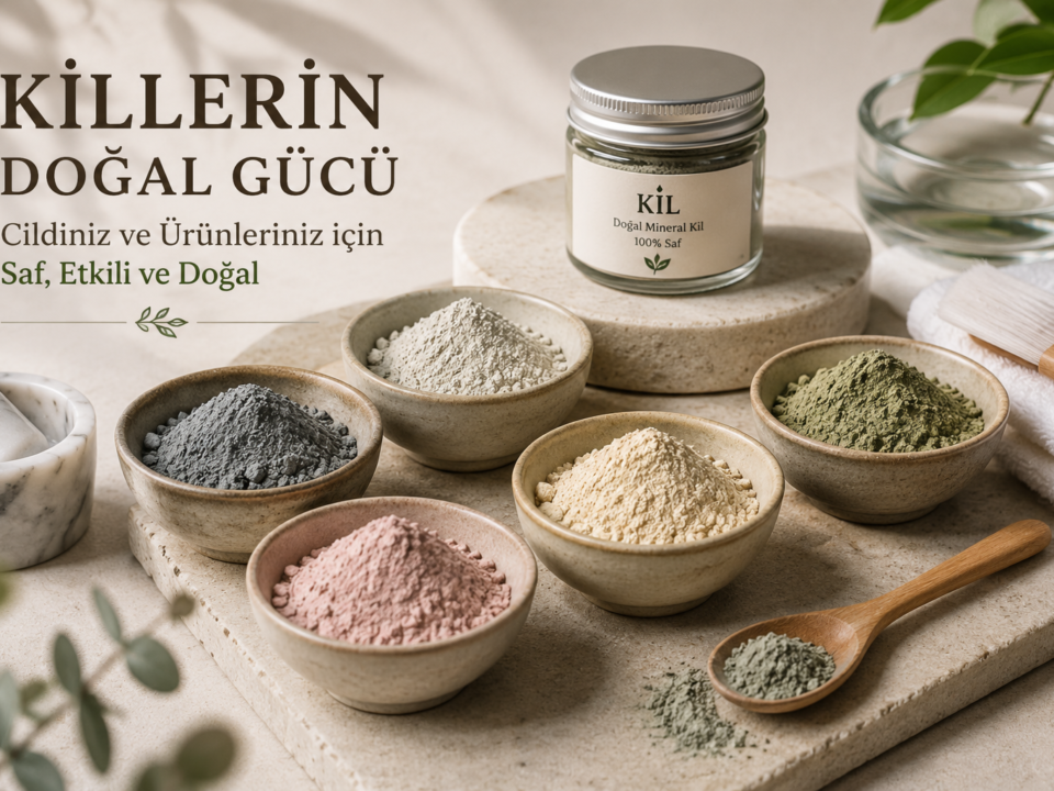 Kozmetik killer hakkında bilgi veren blog görseli. Kaolin Kil, Bentonit Kil, Rhassoul Kil, Yeşil Kil, Kırmızı Kil, Pembe Kil, Sarı Kil ve Siyah Mineral Kil.