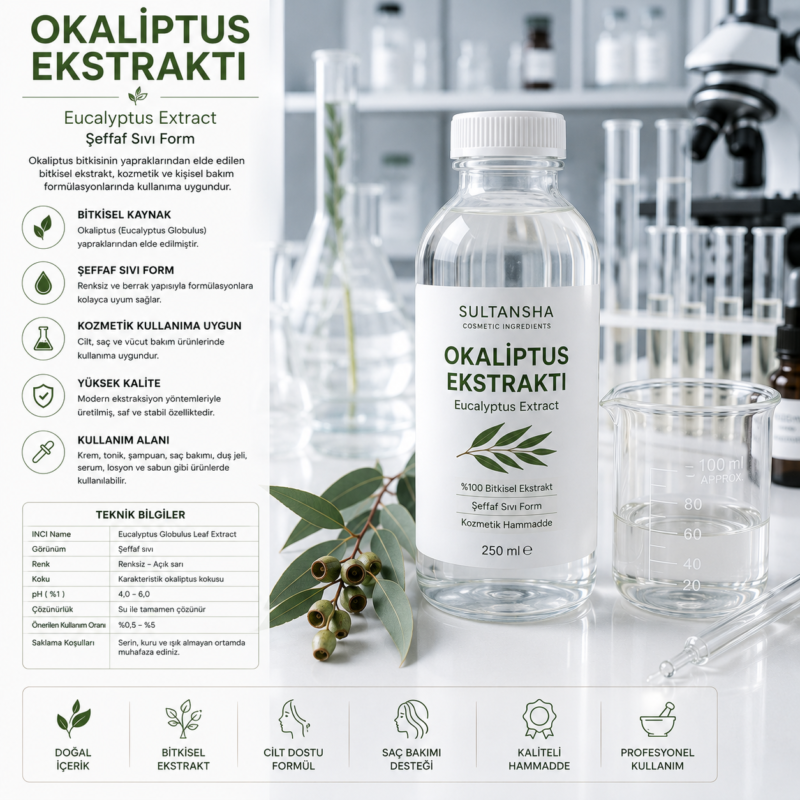 Okaliptus Ekstraktı (Eucalyptus Extract), kozmetik ve kişisel bakım ürünlerinde kullanılan şeffaf sıvı bitkisel ekstraktır.