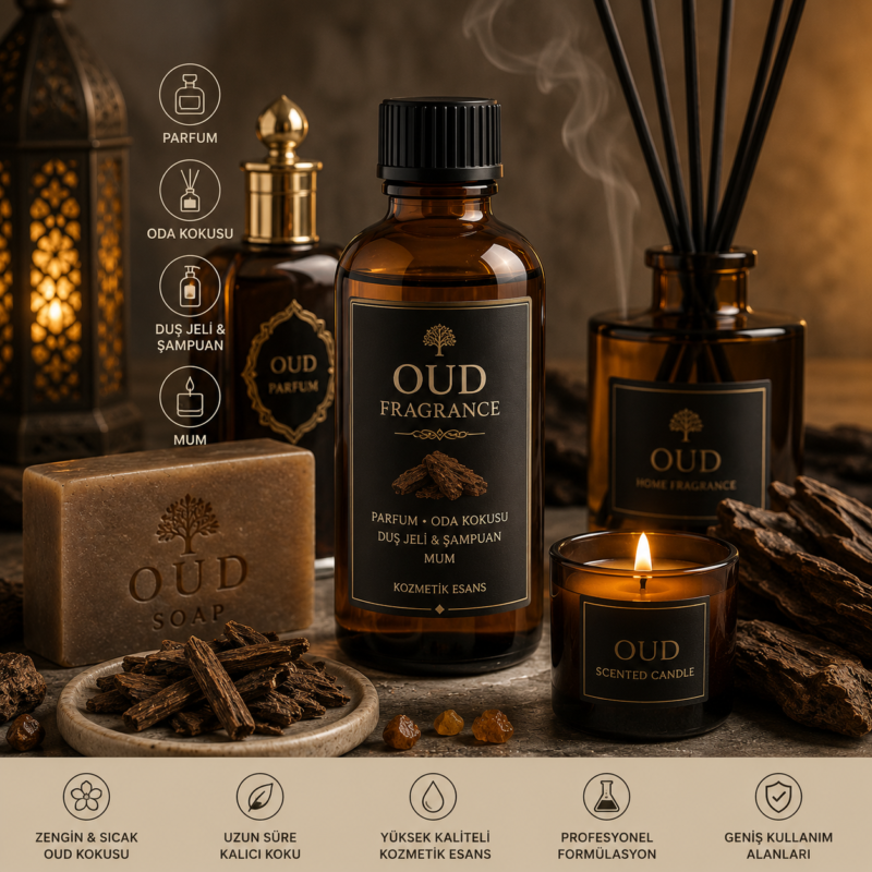 Oud Fragrance, parfüm, oda kokusu, mum, duş jeli, şampuan ve kozmetik ürünlerinde kullanılan premium esans.
