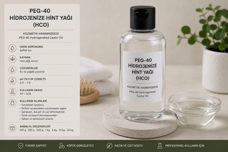PEG-40 Hidrojenize Hint Yağı (HCO), kozmetik formülasyonlarında solubilizan olarak kullanılan çok amaçlı hammaddedir.