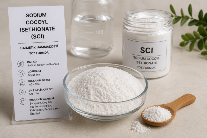 Sodium Cocoyl Isethionate (SCI), katı şampuan ve nazik temizleyici formülasyonlarında kullanılan toz formdaki yüzey aktif kozmetik hammaddesidir.