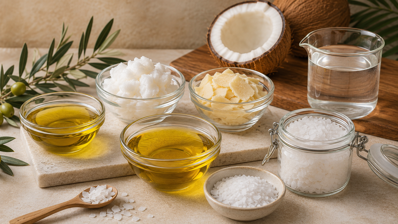Doğal Sabun Üretiminde Kullanılan Hammaddeler Doğal sabunda kullanılan zeytinyağı, hindistan cevizi yağı, palm yağı, hint yağı, su ve sodyum hidroksit