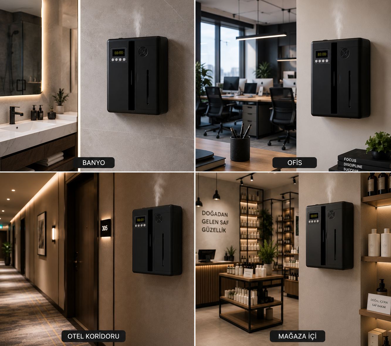 Siyah Akıllı Koku Makinesi Kullanım Alanları Siyah akıllı koku makinesi banyo ofis otel koridoru ve mağaza kullanım alanları