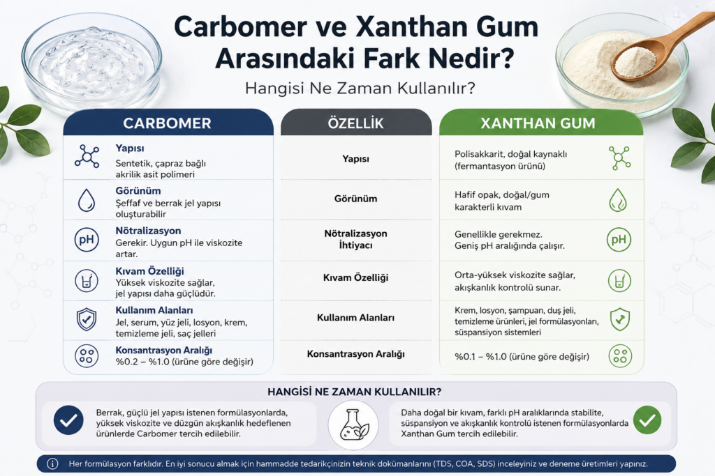 Laboratuvar ortamında Carbomer ve Xanthan Gum kozmetik kıvam artırıcı hammaddeleri